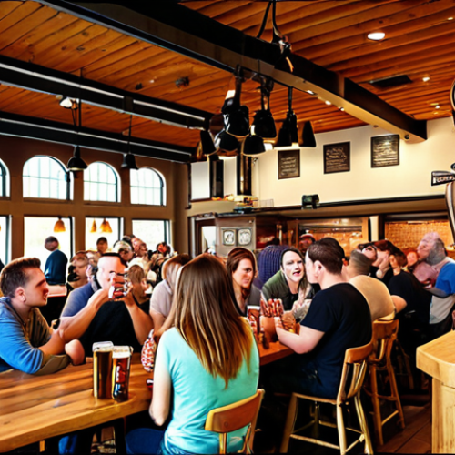 ** A vibrant, bustling scene inside a craft brewery. People are gathered around tables, enjoying beer tastings and food pairings. In the background, brewing equipment is visible, and the atmosphere is warm and inviting, reflecting a strong sense of community. Emphasis on local elements subtly integrated into the brewery's decor.

**