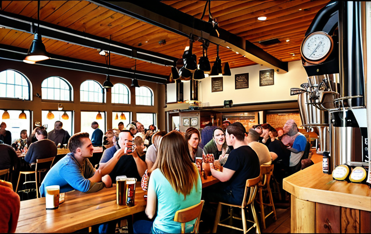 ** A vibrant, bustling scene inside a craft brewery. People are gathered around tables, enjoying beer tastings and food pairings. In the background, brewing equipment is visible, and the atmosphere is warm and inviting, reflecting a strong sense of community. Emphasis on local elements subtly integrated into the brewery's decor.

**