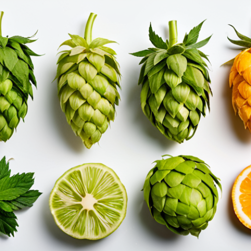 **Image Prompt 1: The Flavor Spectrum of Modern Hops**
    A professional studio photograph capturing a vibrant and diverse array of whole hop cones, aesthetically arranged. Different hop varieties showcase varying green hues and textures. Artfully interspersed among the hops are subtle visual elements of fresh tropical fruits like sliced orange, passion fruit, and pineapple, symbolizing the evolving flavor profiles of modern hops. The background is a clean, well-lit studio environment with a soft, blurred focus, emphasizing the intricate details of the hops and fruits. High-resolution, sharp focus on the foreground elements, natural lighting, perfect composition. safe for work, appropriate content, family-friendly, professional quality.