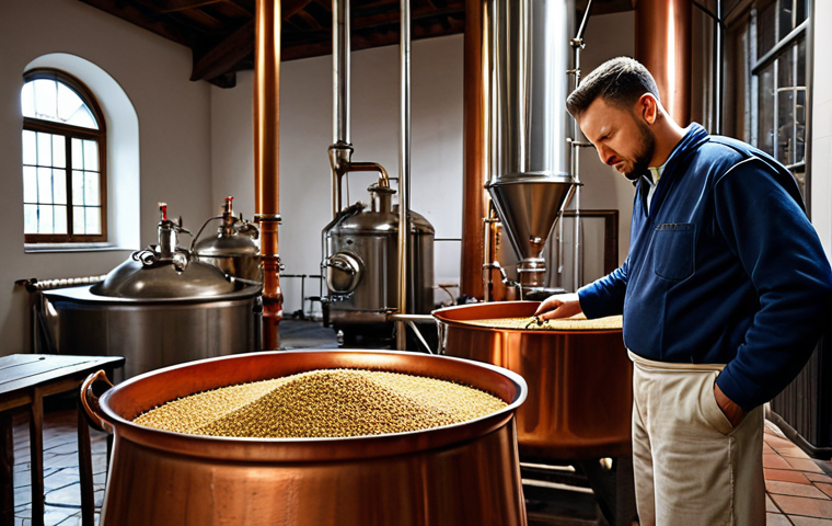 Deep Beer Brewing Scene**

"A professional beer brewer carefully inspecting roasted malt in a traditional brewery setting, fully clothed, appropriate attire, copper brewing kettles in the background, safe for work, perfect anatomy, natural proportions, professional photography, high quality, family-friendly."

**