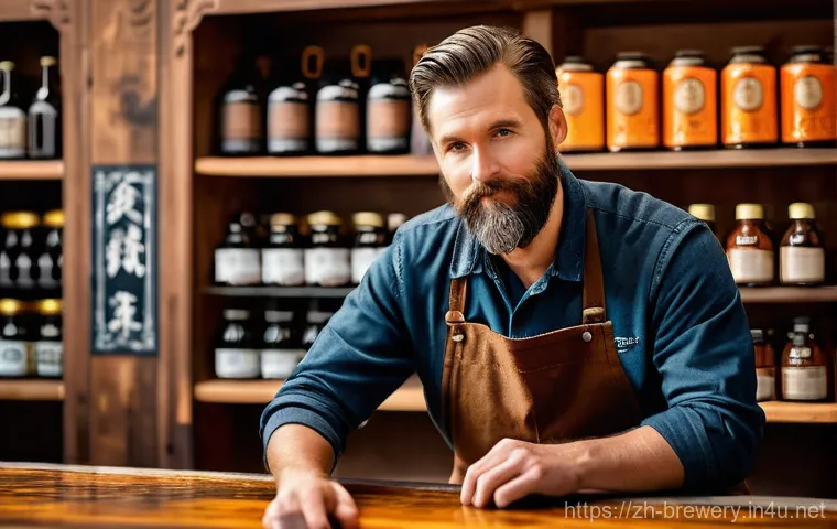 브루어리 제품 마케팅 전략 - **Prompt:** A skilled craft brewer, a man in his 40s with a neatly trimmed beard, wearing a clean, d...
