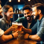 수제맥주 유통 경로 - **Craft Beer Bar Scene:** A lively and stylish craft beer bar on a bustling evening. The scene featu...