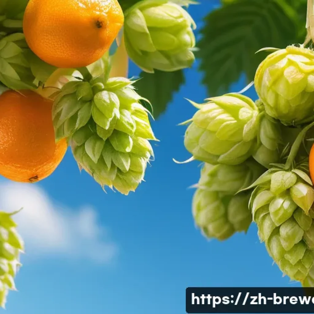 홉 품종별 맛 차이 - A vibrant and detailed close-up of fresh Citra hops growing on a vine under bright sunlight, showcas...