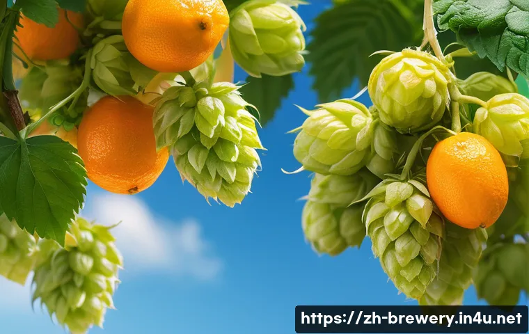 홉 품종별 맛 차이 - A vibrant and detailed close-up of fresh Citra hops growing on a vine under bright sunlight, showcas...