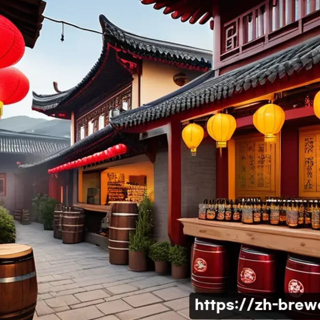 브루어리와 지역 경제 - A vibrant craft brewery scene set in a small Chinese town, showcasing local farmers delivering fresh...