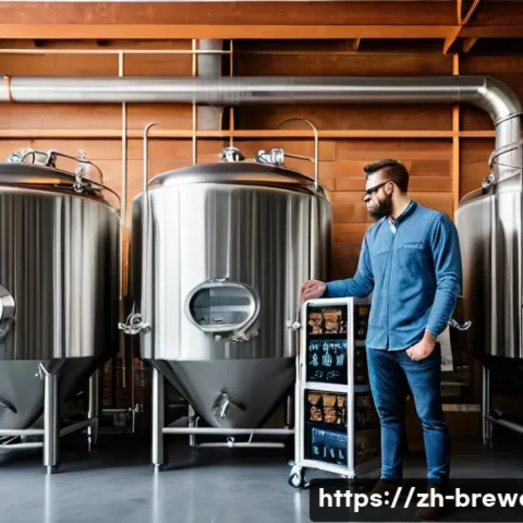 수제맥주 혁신 기술 - A modern craft brewery interior featuring advanced smart brewing equipment with automated control pa...