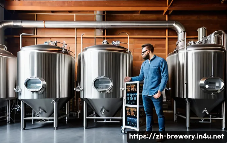 수제맥주 혁신 기술 - A modern craft brewery interior featuring advanced smart brewing equipment with automated control pa...