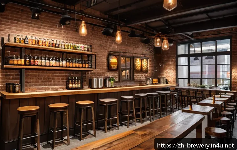 수제맥주와 식음료 산업 - A cozy industrial-style craft beer bar interior featuring wooden barrels, exposed brick walls, and v...