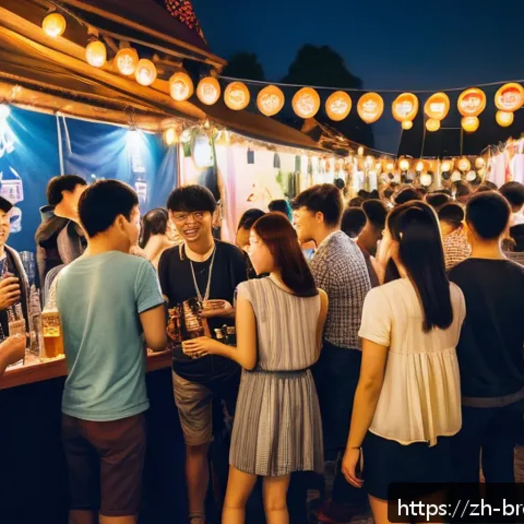 수제맥주와 축제 후원 - A lively outdoor music festival scene at dusk, featuring a diverse crowd of young adults enjoying ha...