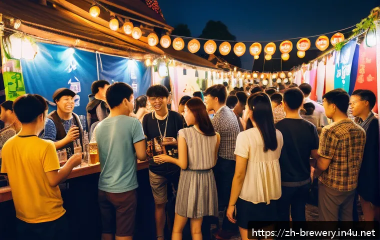 수제맥주와 축제 후원 - A lively outdoor music festival scene at dusk, featuring a diverse crowd of young adults enjoying ha...