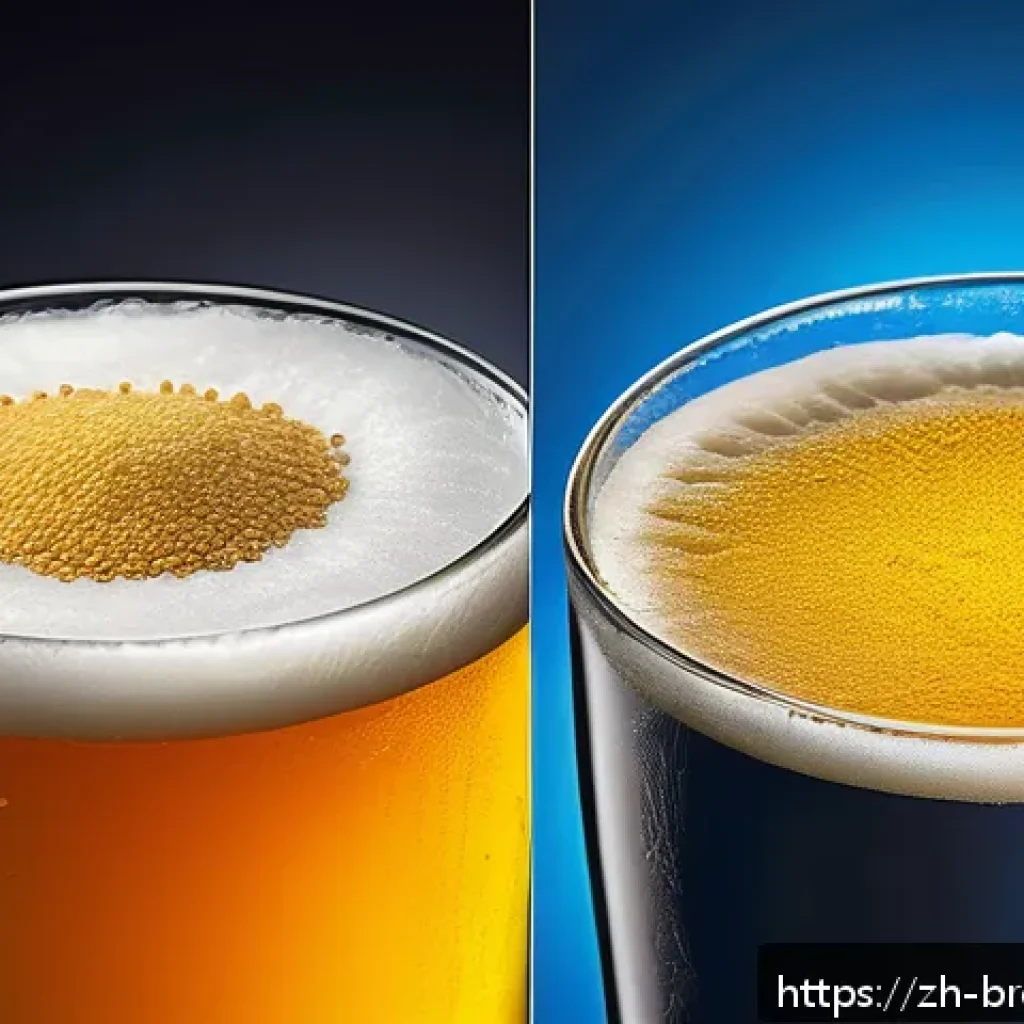 맥주 효모 선택 - A detailed scientific illustration of two types of beer yeast: top-fermenting yeast and bottom-ferme...