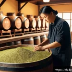 수제맥주와 전통 양조 기술 - A cozy artisanal brewery interior showcasing a master brewer carefully inspecting fresh hops and mal...