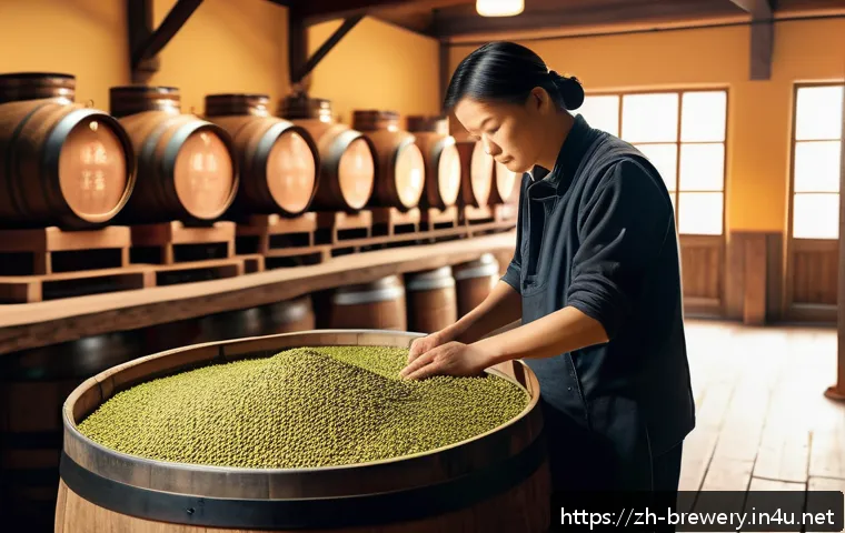 수제맥주와 전통 양조 기술 - A cozy artisanal brewery interior showcasing a master brewer carefully inspecting fresh hops and mal...