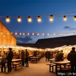 수제맥주 축제 운영법 - An outdoor craft beer festival scene set in a renovated industrial warehouse with warm amber lightin...