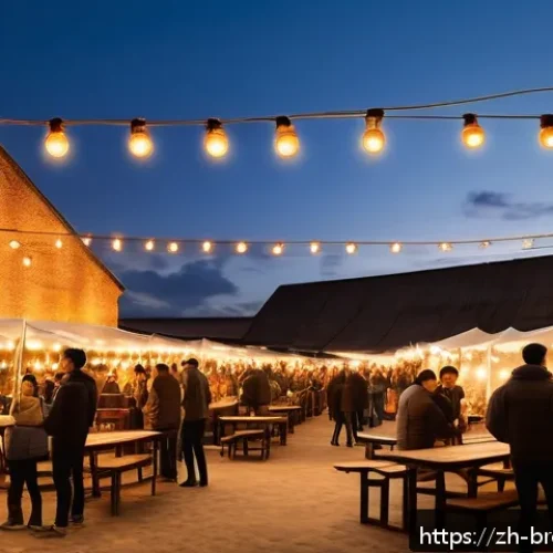 수제맥주 축제 운영법 - An outdoor craft beer festival scene set in a renovated industrial warehouse with warm amber lightin...