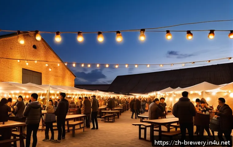 수제맥주 축제 운영법 - An outdoor craft beer festival scene set in a renovated industrial warehouse with warm amber lightin...