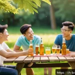 알콜 도수별 수제맥주 특징 - A vibrant outdoor summer scene featuring a group of diverse young adults enjoying low-alcohol craft ...