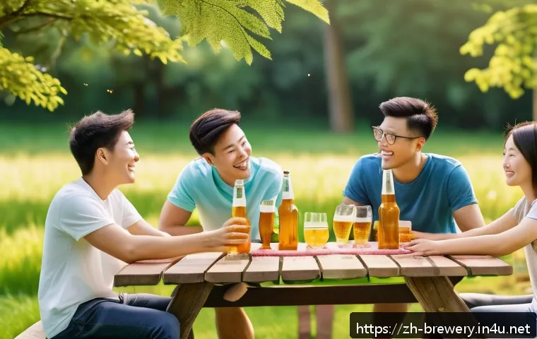 알콜 도수별 수제맥주 특징 - A vibrant outdoor summer scene featuring a group of diverse young adults enjoying low-alcohol craft ...