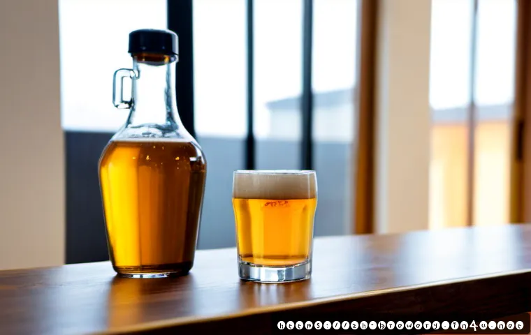 수제맥주와 물의 중요성 - Photorealistic craft brewery workspace, a clear glass carafe of pristine water beside a small tastin...