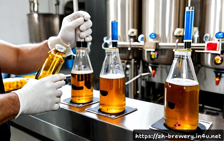 수제맥주 품질 관리 - Photorealistic craft brewery quality control scene, a clean stainless steel workbench with unlabeled...