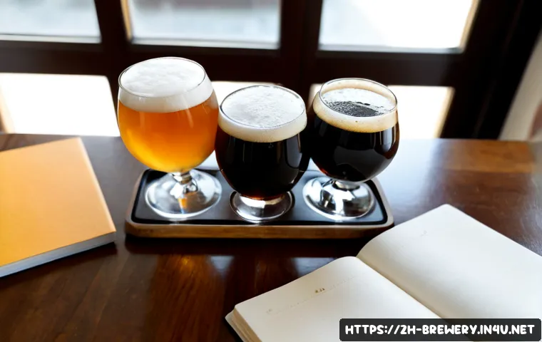 수제맥주 테이스팅 가이드 - Photorealistic craft beer tasting setup on a warm wooden table, four small unbranded tasting glasses...
